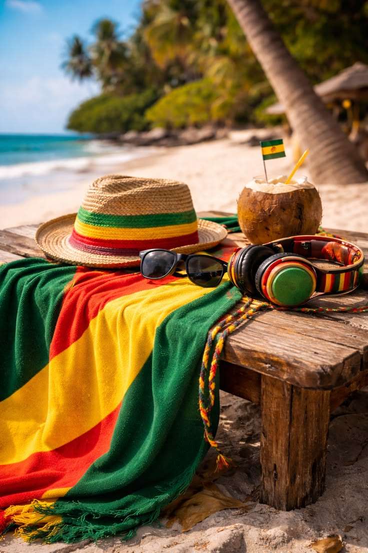 Rastafari themed beach gear on wooden table