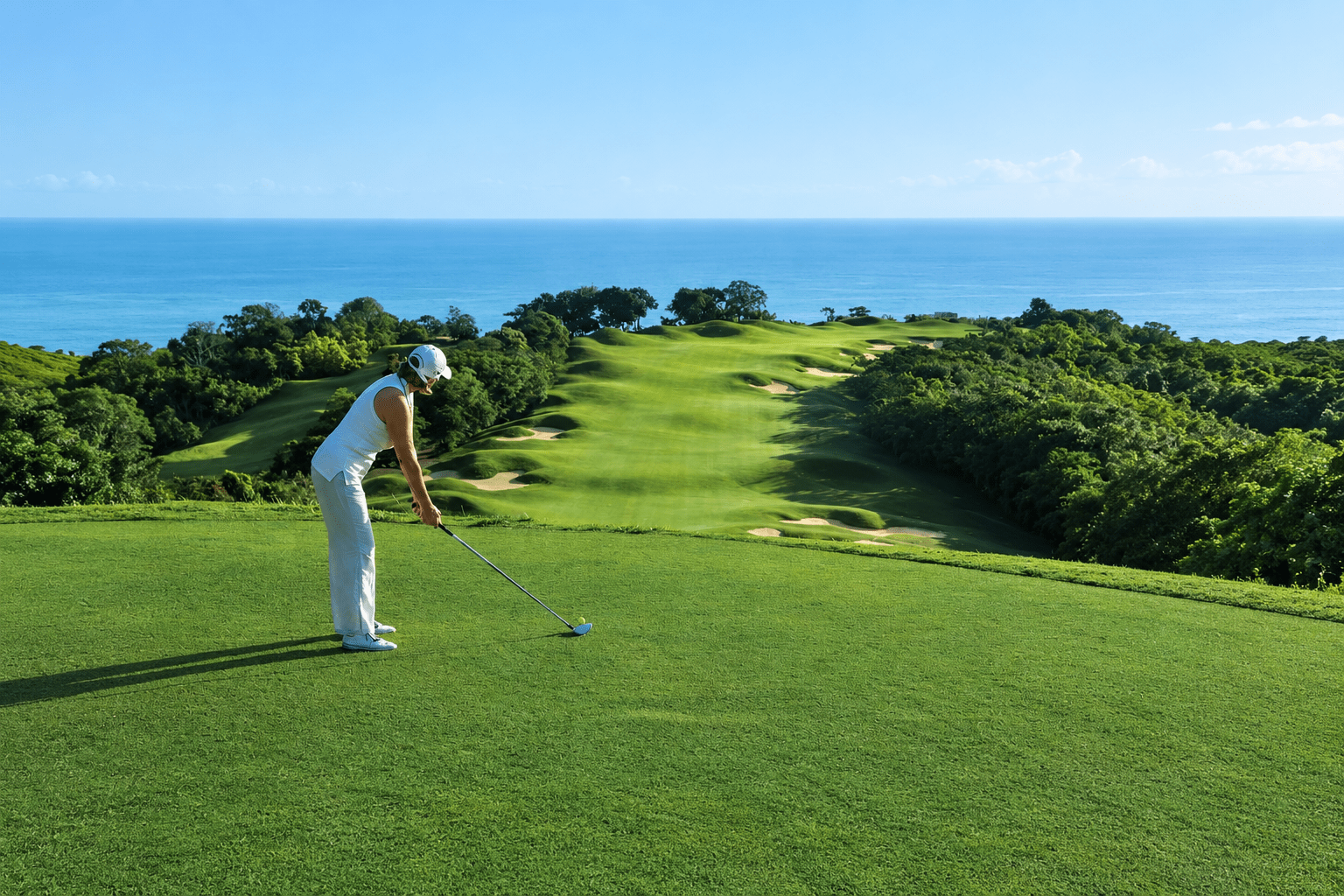 Golfer overlooking the ocean on a Rose Hall golf course in Jamaica