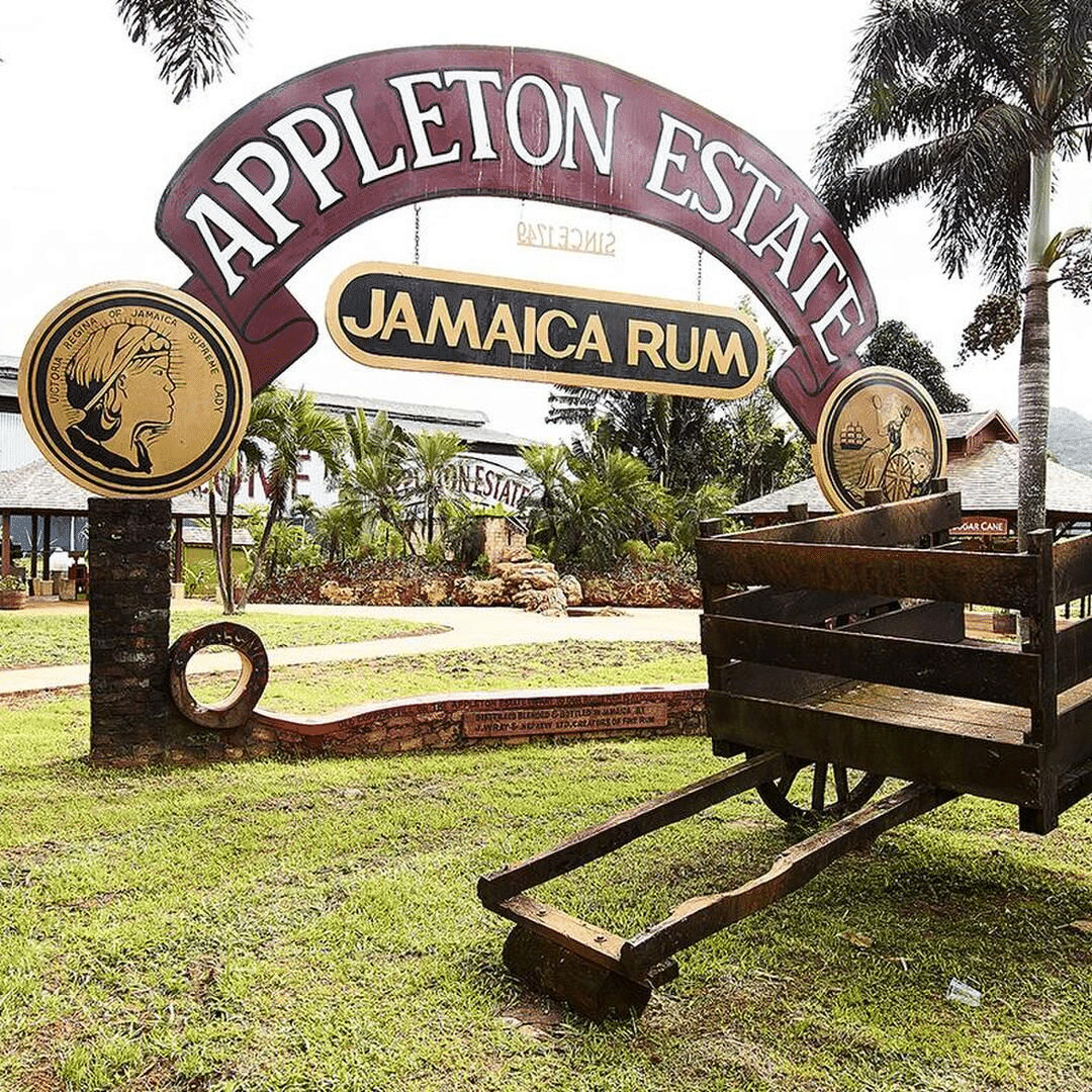 Appleton Estate entrance sign and wooden cart in Jamaica